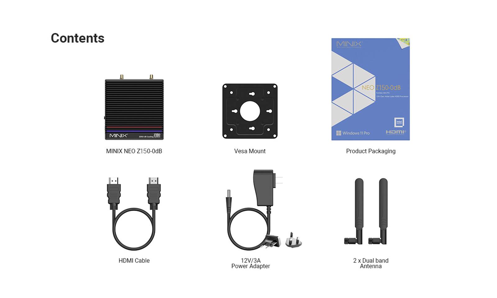 Image showing contents of a package: MINIX NEO Z150-04B, Vesa Mount, product packaging, HDMI cable, 12V/3A power adapter, 2 dual band antennas.