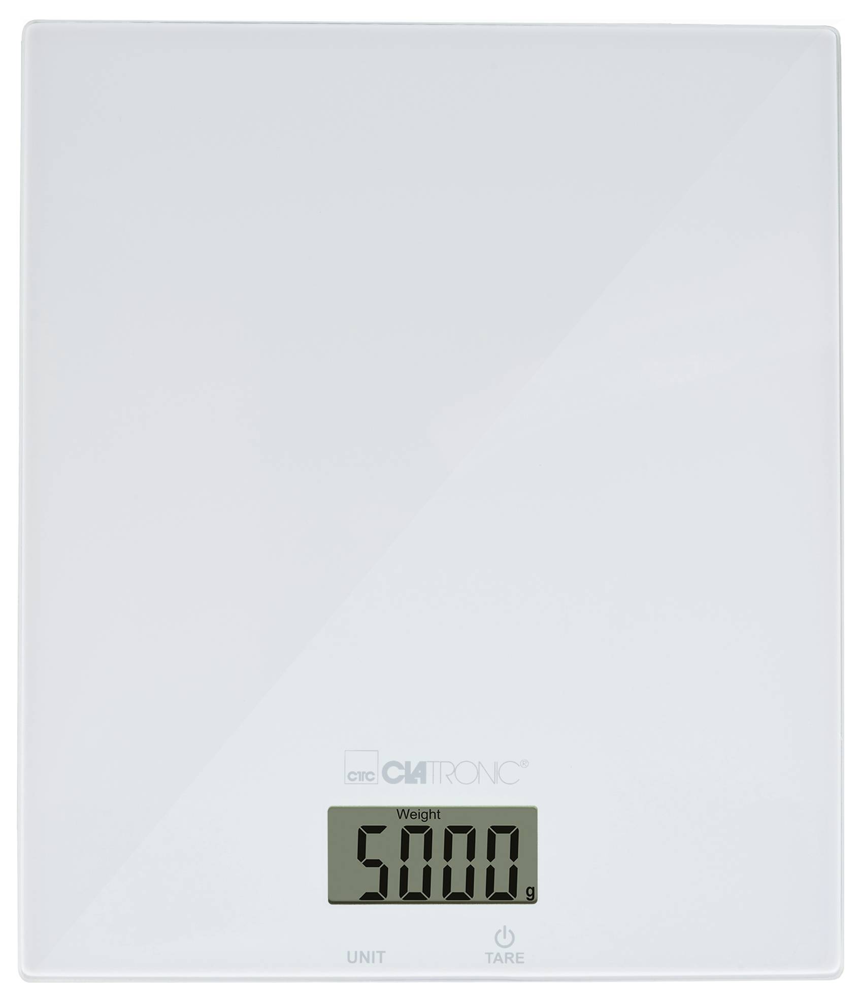 A digital kitchen scale displays '5000 g' on its screen, indicating a weight measurement.