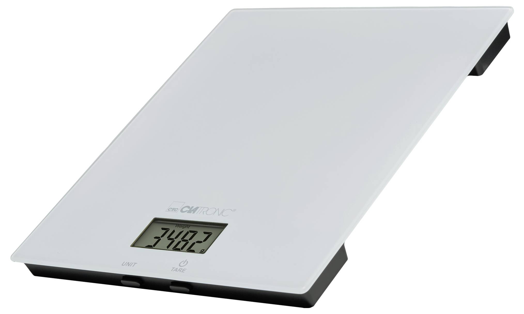 A digital kitchen scale displaying a weight of '348.7' grams. The scale has a sleek, flat design and a clear digital screen.