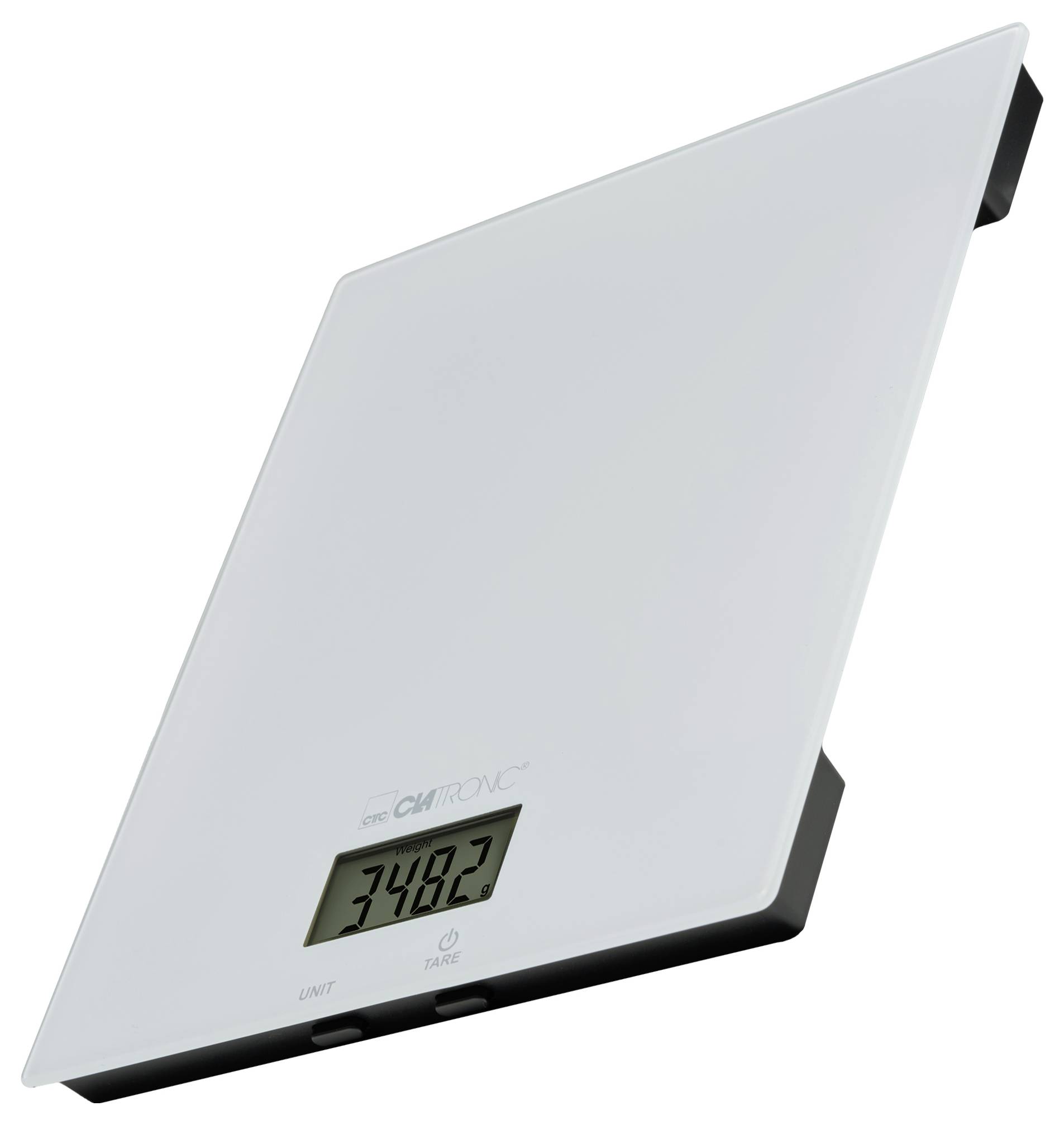 A sleek digital kitchen scale with a glass platform displays a weight reading of 348.2 grams on its LCD screen.