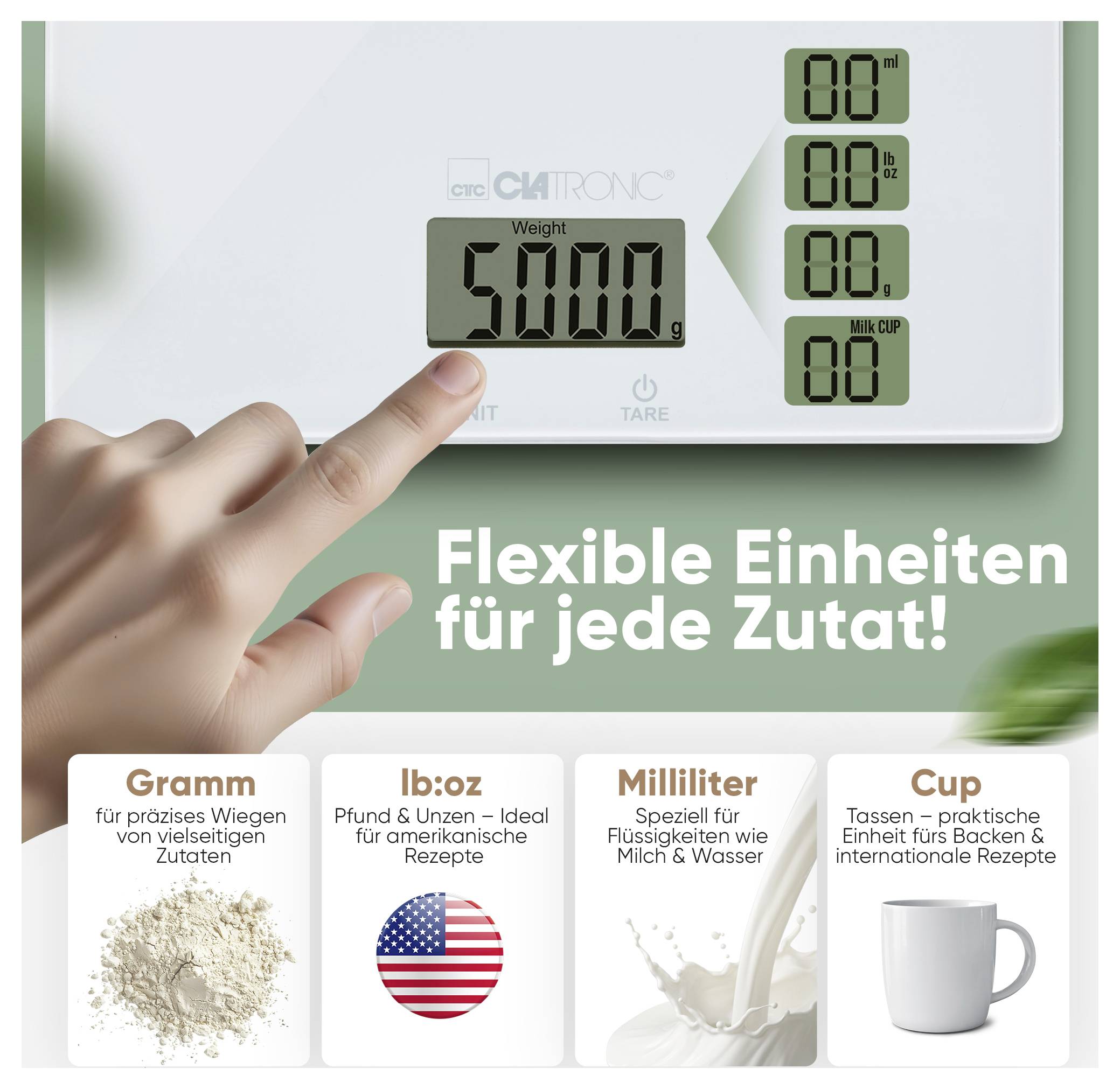 Digital kitchen scale display showing '5000.0g.' Hand pressing a button. Text in German: 'Flexible Einheiten für jede Zutat!' with unit options.
