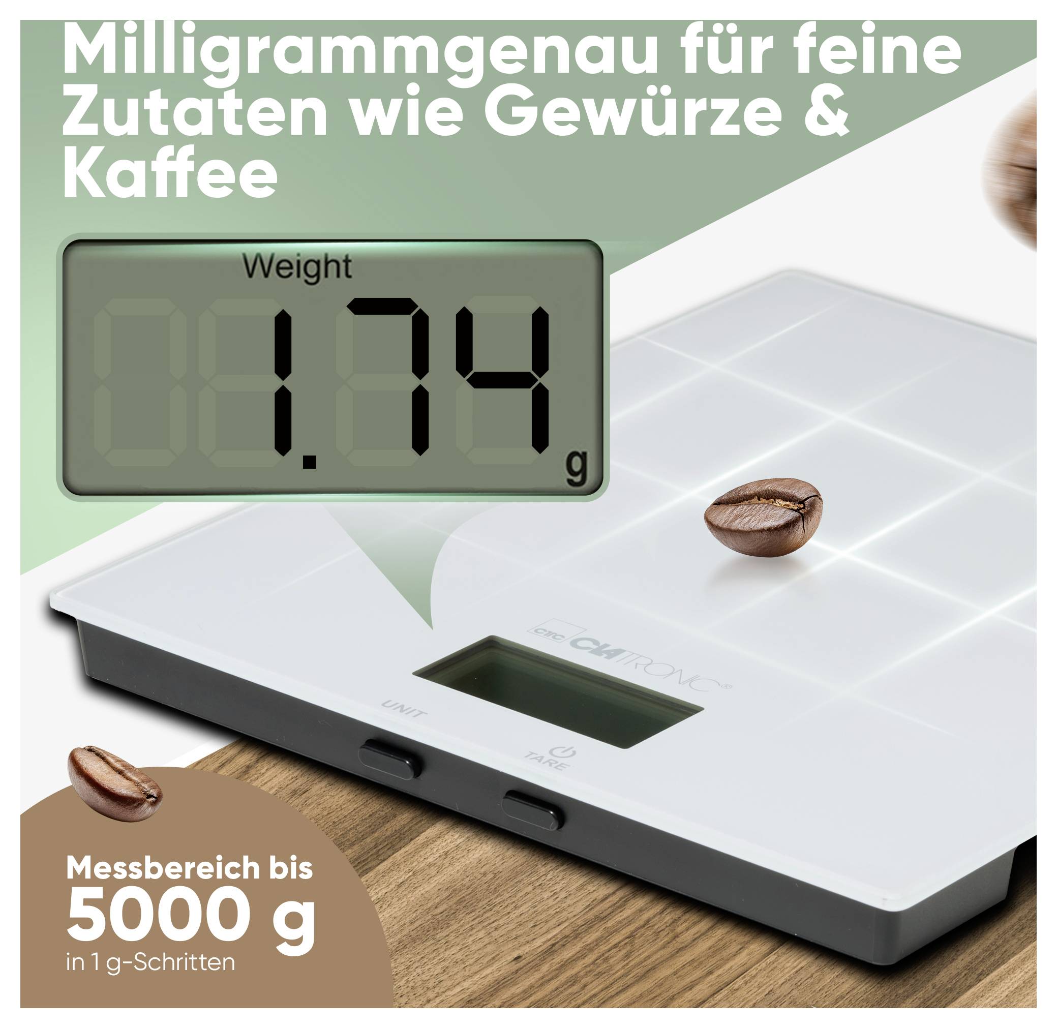 A digital kitchen scale displays '1.74 g'. Text in German promotes its precision for spices and coffee, with a capacity up to 5000 g.