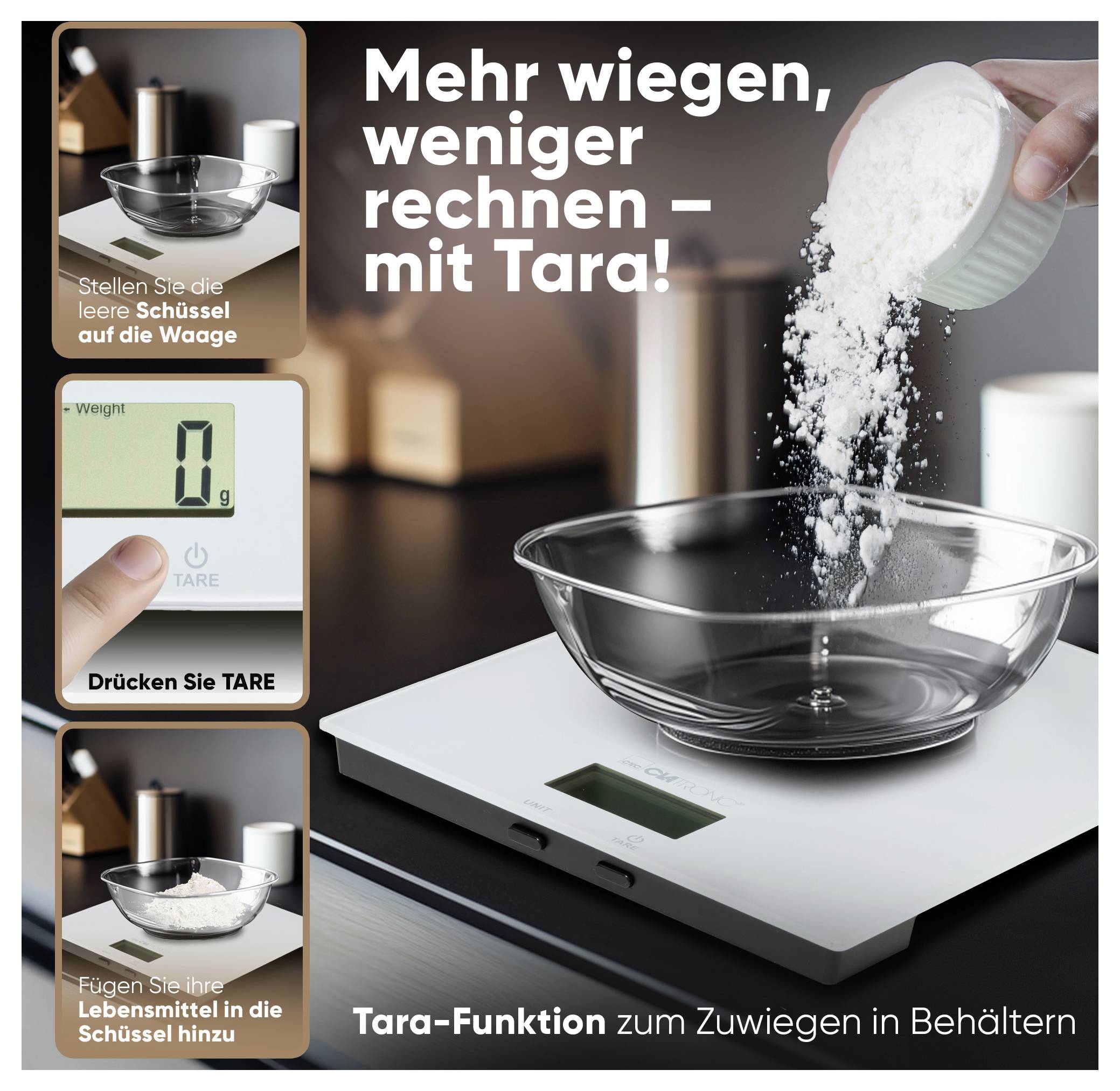 A person adds ingredients to a bowl on a digital kitchen scale. Text highlights the tare function for weighing without the container's weight.