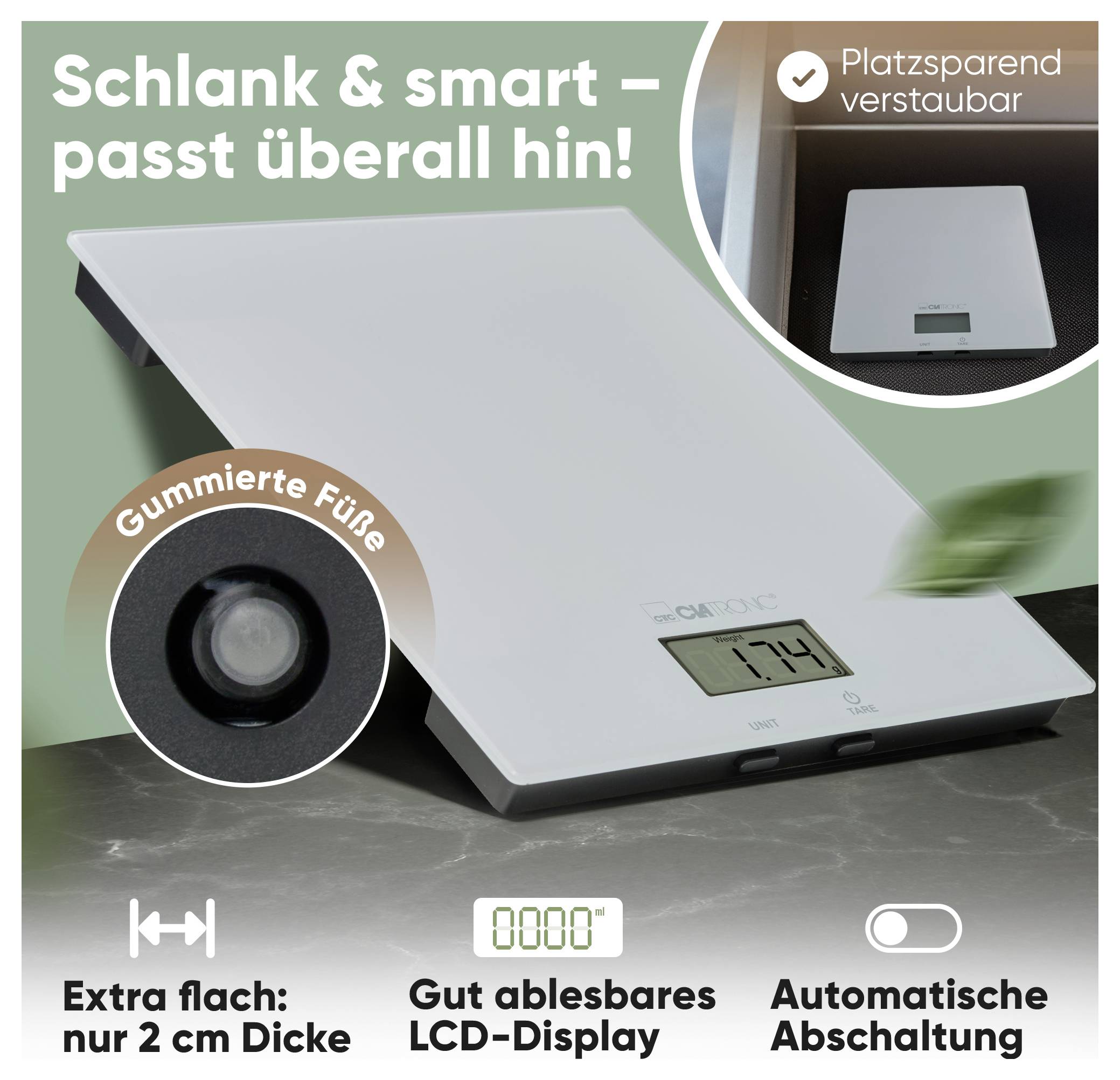 A digital kitchen scale with an LCD display shows '1714'. It features rubber feet and is advertised as slim, easy to store, and has an automatic off function.