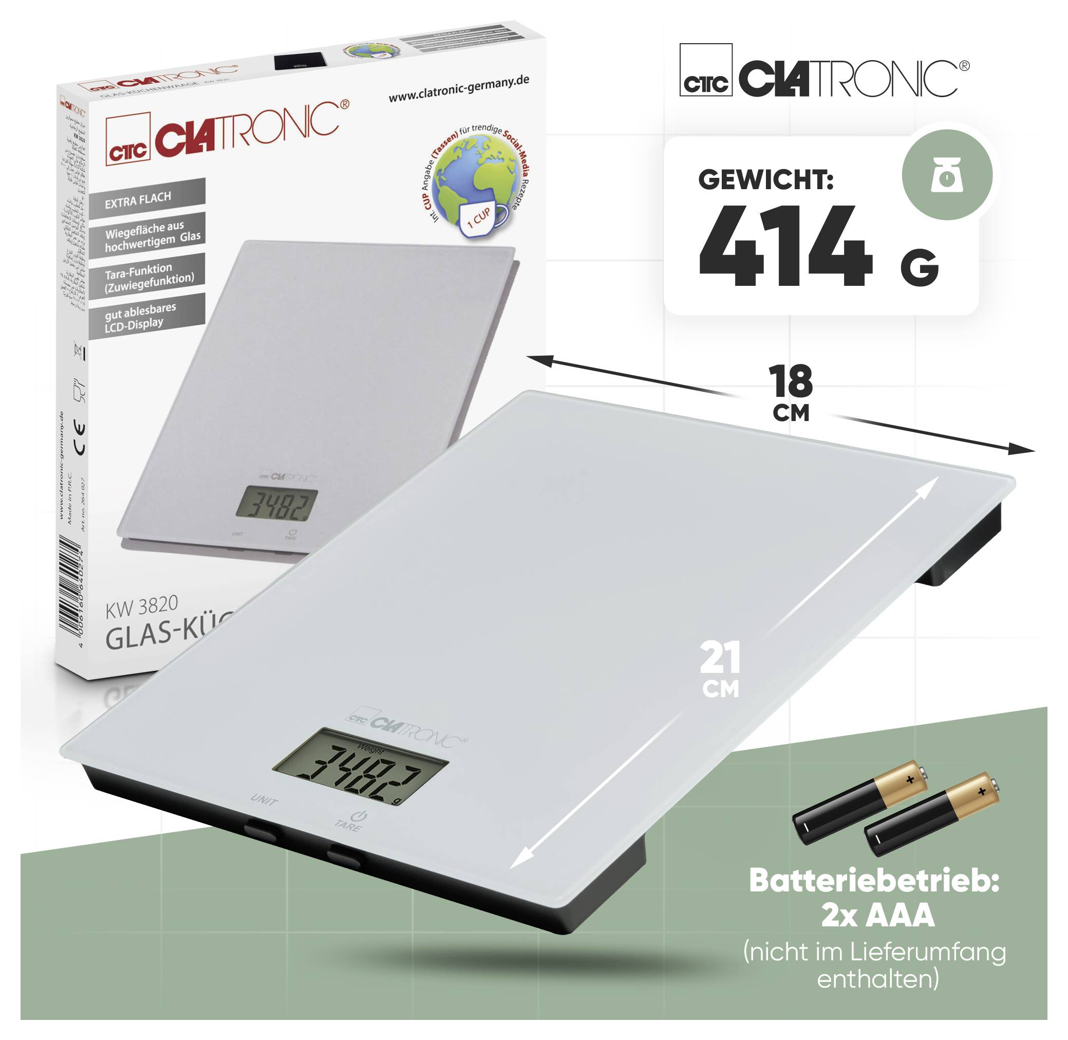 A white digital kitchen scale with 'Gewicht: 414 g'. Features: LCD display, extra-flat design. Battery operation: 2x AAA (not included).