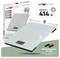 A white digital kitchen scale with 'Gewicht: 414 g'. Features: LCD display, extra-flat design. Battery operation: 2x AAA (not included).