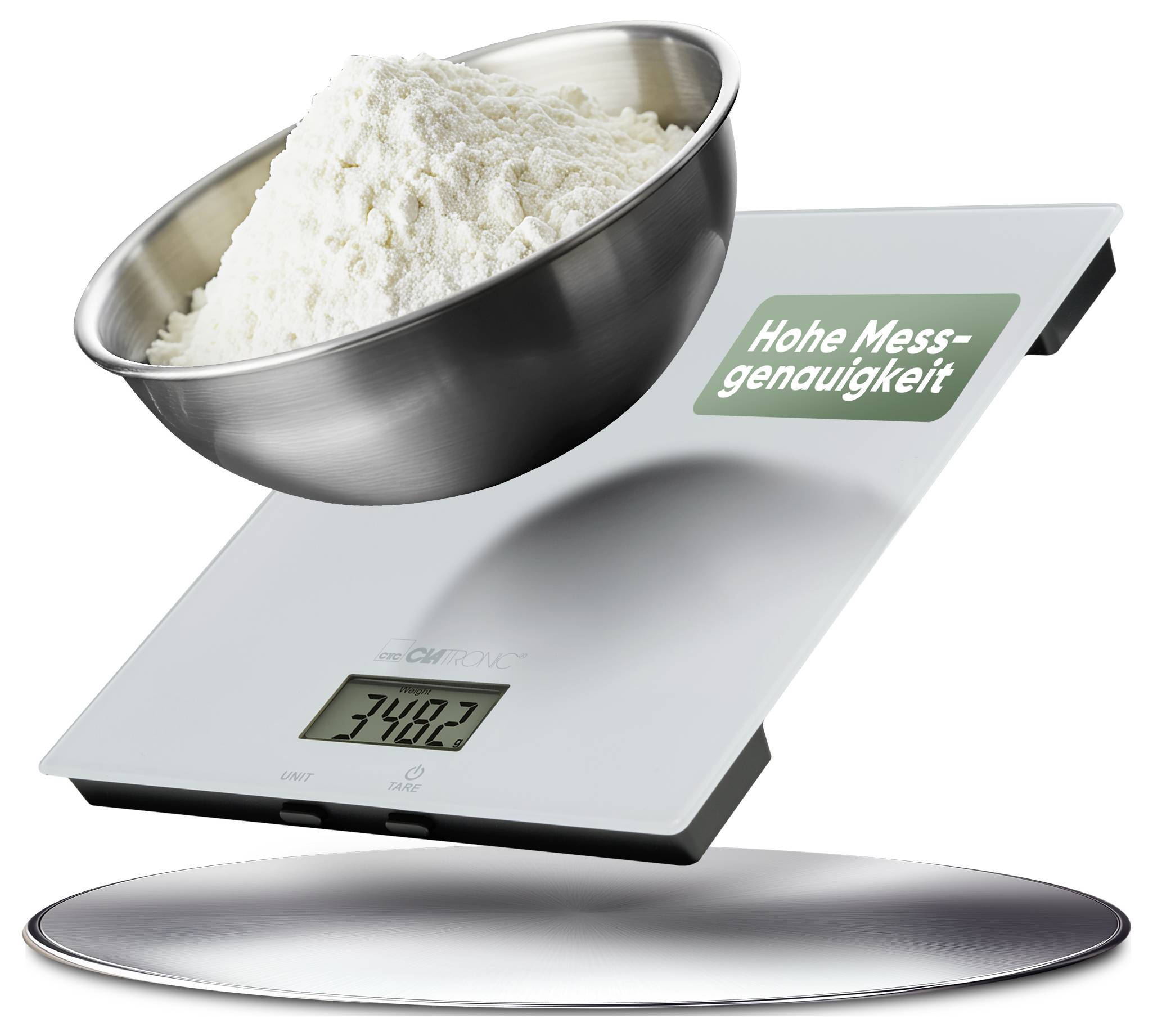 A kitchen scale displays '748.2' grams with a bowl of flour. A label reads 'Hohe Messgenauigkeit,' German for 'High Measurement Accuracy.'