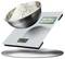 A kitchen scale displays '748.2' grams with a bowl of flour. A label reads 'Hohe Messgenauigkeit,' German for 'High Measurement Accuracy.'