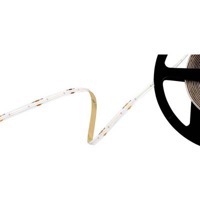 'A roll of flexible LED strip light partially unrolled on a white background, showing its adhesive backing and LEDs.'
