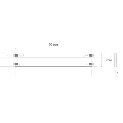 A diagram of a strip showing electrical connections with measurements: 50 mm in length, 8 mm in width, and 12 mm in height.