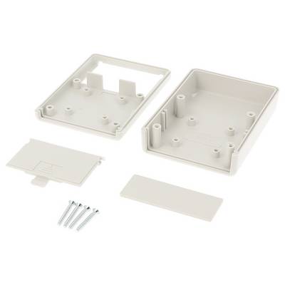 Plastic electronic enclosure with removable top, bottom cover, and two small panels, accompanied by screws for assembly.