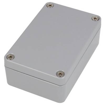 A small, rectangular, gray metal enclosure with rounded corners and four screws, typically used for housing electronic components.