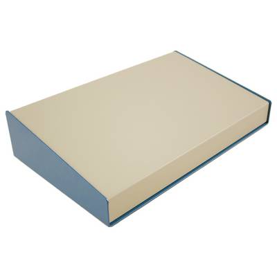 A closed, rectangular, beige binder with a blue spine, lying on a flat surface.