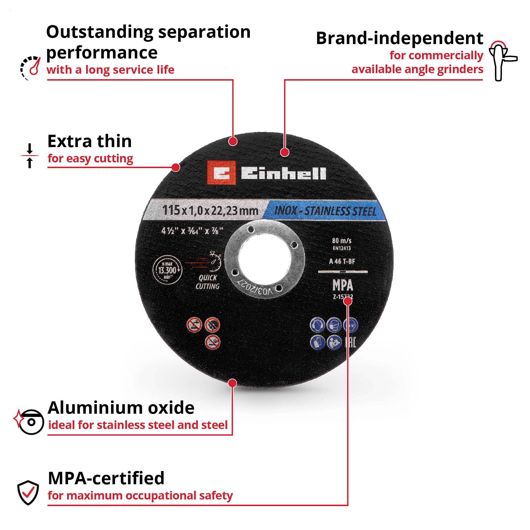 A black cutting disc for commercial angle grinders, featuring characteristics such as extra thin, aluminium oxide and MPA certification.