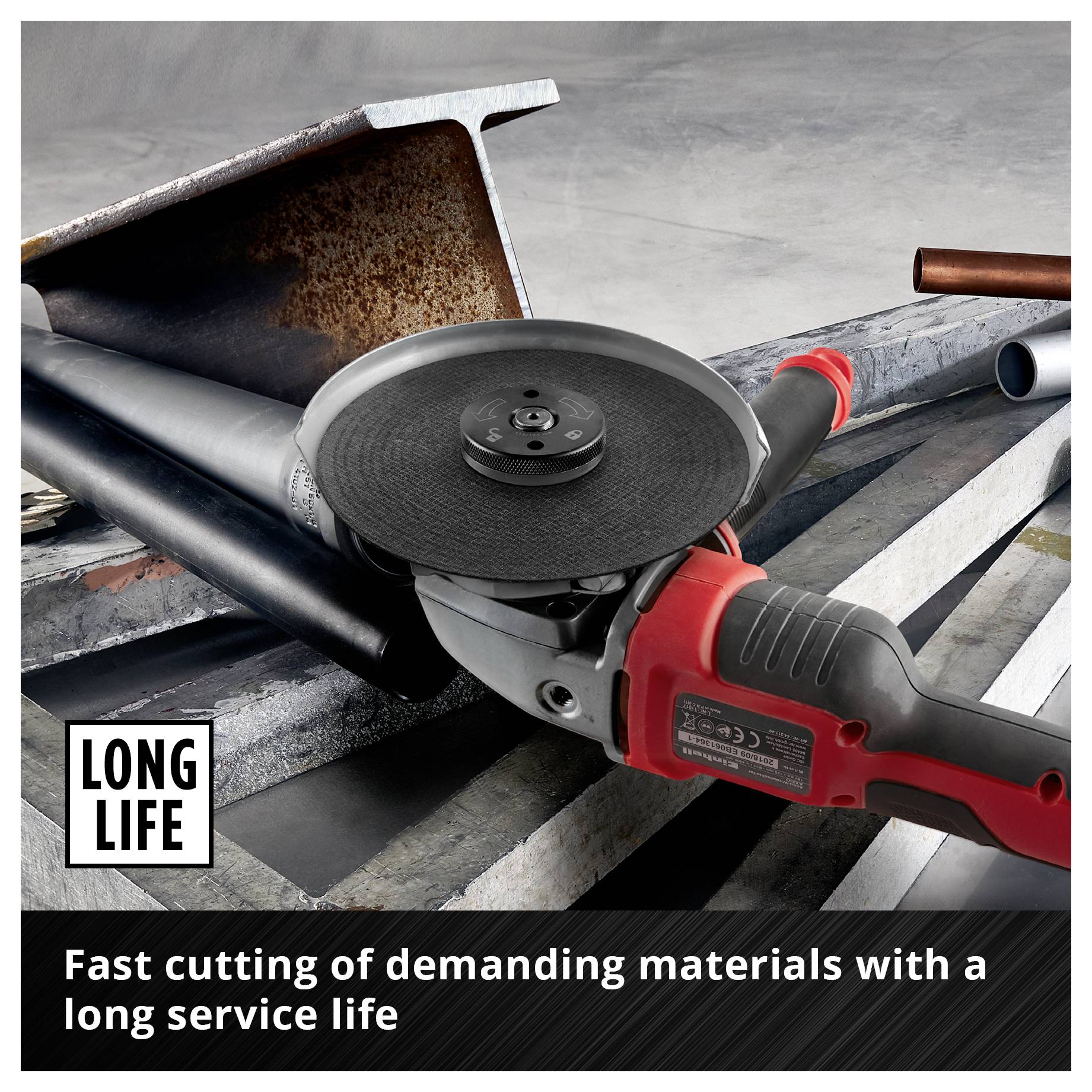 An angle grinder sits on metal profiles and cuts materials quickly with high durability. Text on label: LONG LIFE.