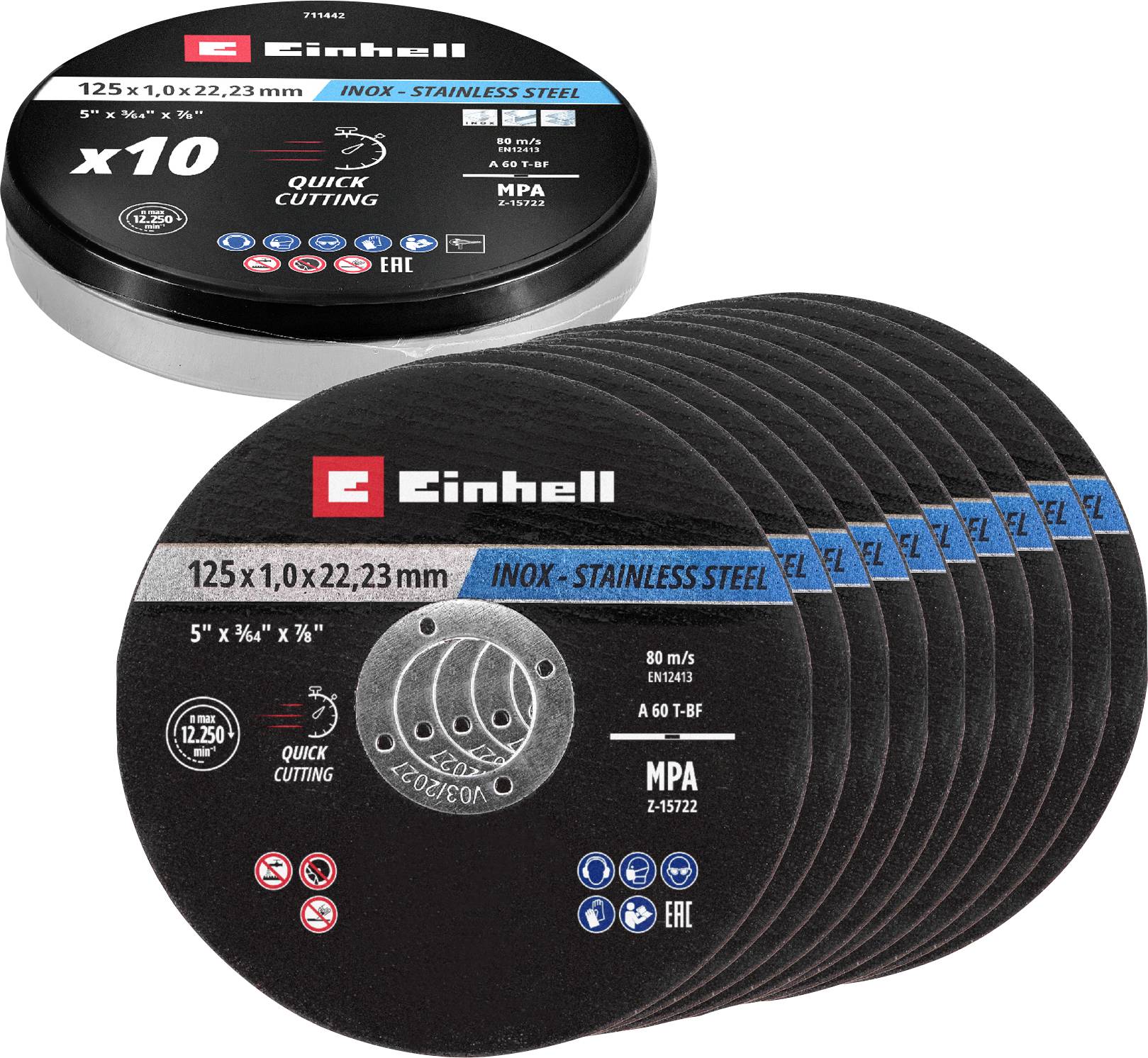 'Einhell 125 x 1.0 x 22.23 mm INOX - Stainless Steel cutting discs, 10-pack. Quick cutting for stainless steel. MPA certified.'