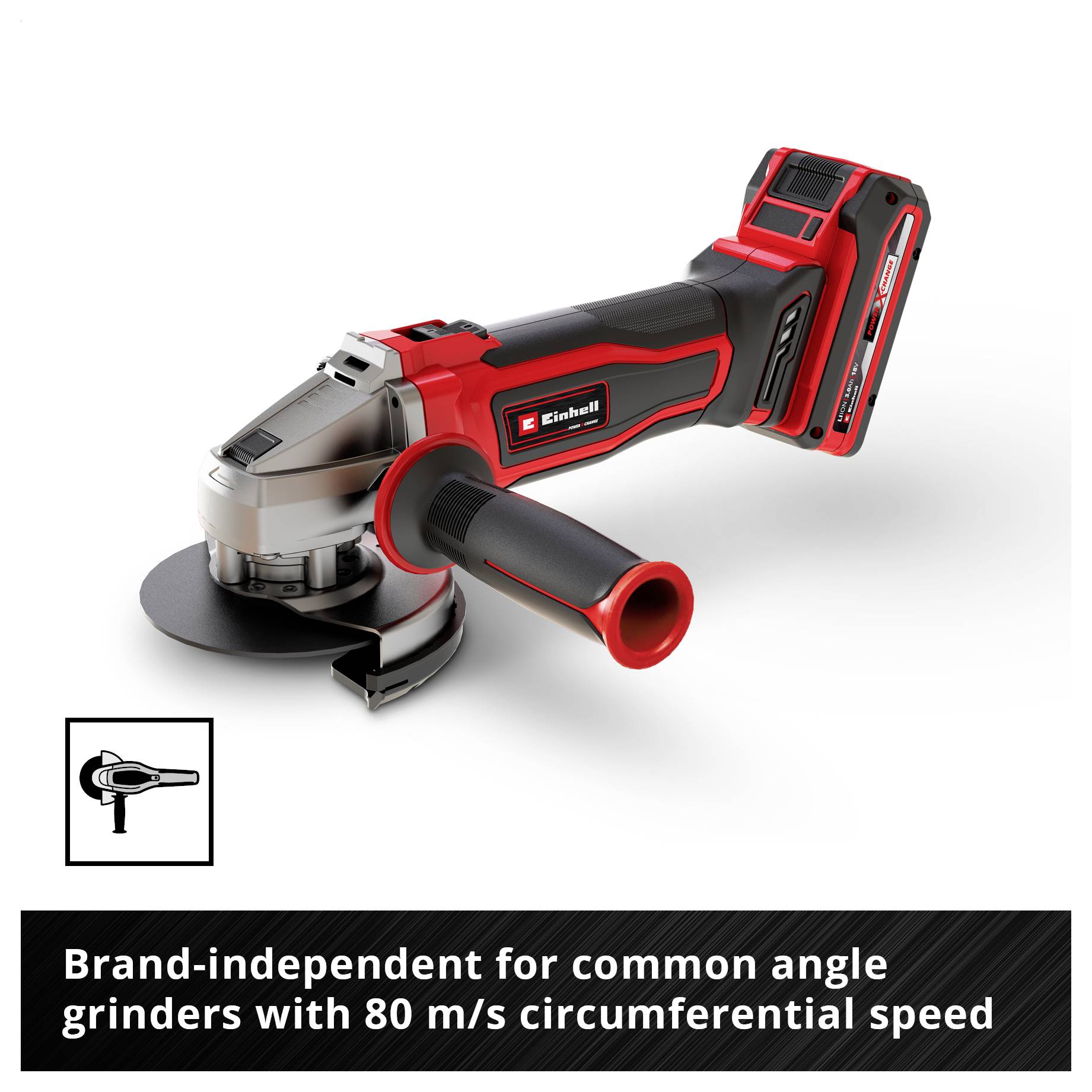 Battery-powered angle grinder with red housing; Highlighted: 'Brand-independent for standard angle grinders with 80 m/s surface speed'.