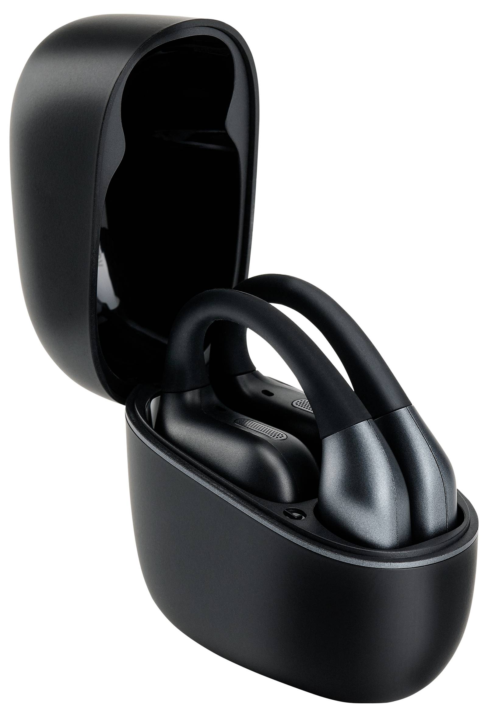 Black wireless earbuds with a sleek design are placed in an open charging case.