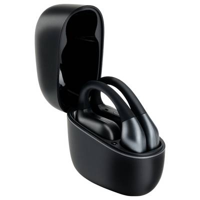 Black wireless earbuds with a sleek design are placed in an open charging case.