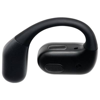 A black, wireless earbud with an over-ear hook and built-in speaker grilles, designed for secure and comfortable fit during active use.
