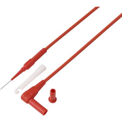 Red coaxial cable with a needle tip, white protective cap, and red connector; used for precise electronic testing or connections.