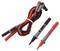 Red and black multimeter test leads with probes and insulated clips, used for electrical measurements.