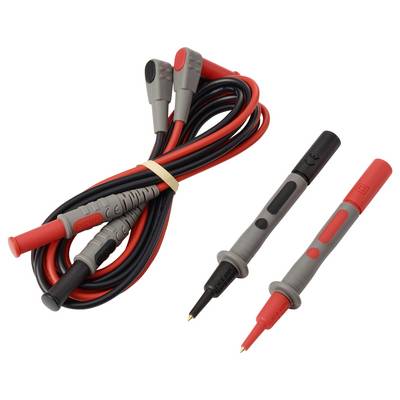 'Multimeter test leads with red and black probes. Red and black cables coiled, connected to the probes for electrical testing.'