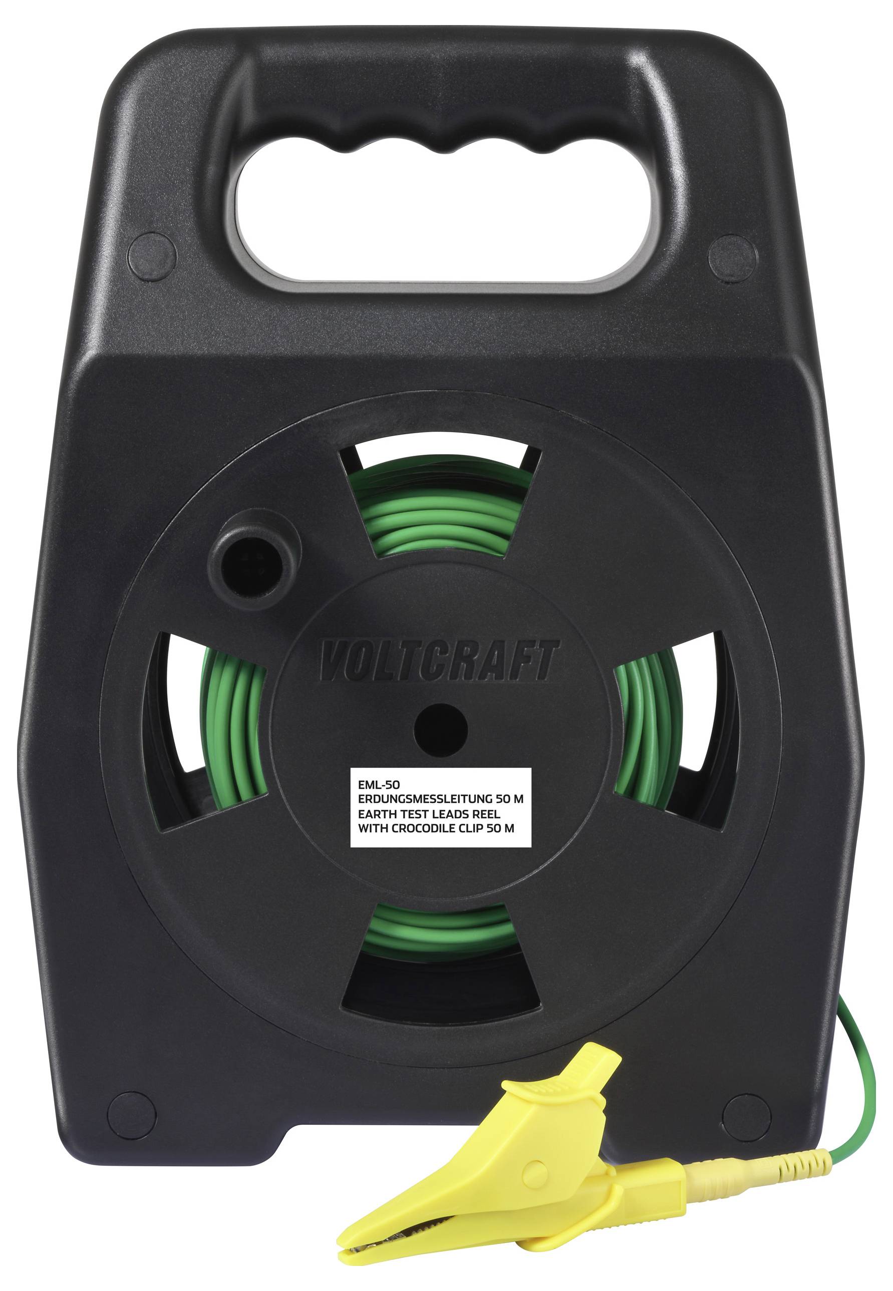 A coiled 50-meter earth test lead inside a black carrying case with a handle. The lead is green with a yellow crocodile clip attached.