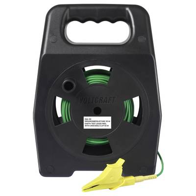A coiled 50-meter earth test lead inside a black carrying case with a handle. The lead is green with a yellow crocodile clip attached.