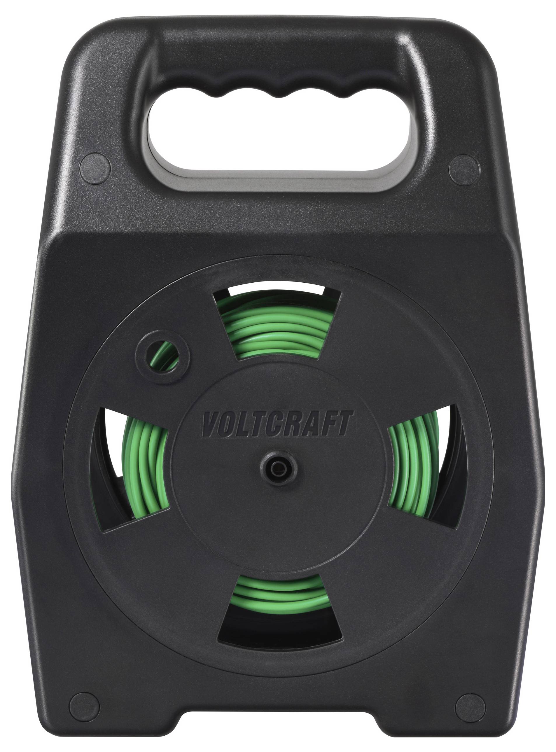 A black cable reel with a handle, containing green coiled wires, branded 'Voltcraft' on the front.