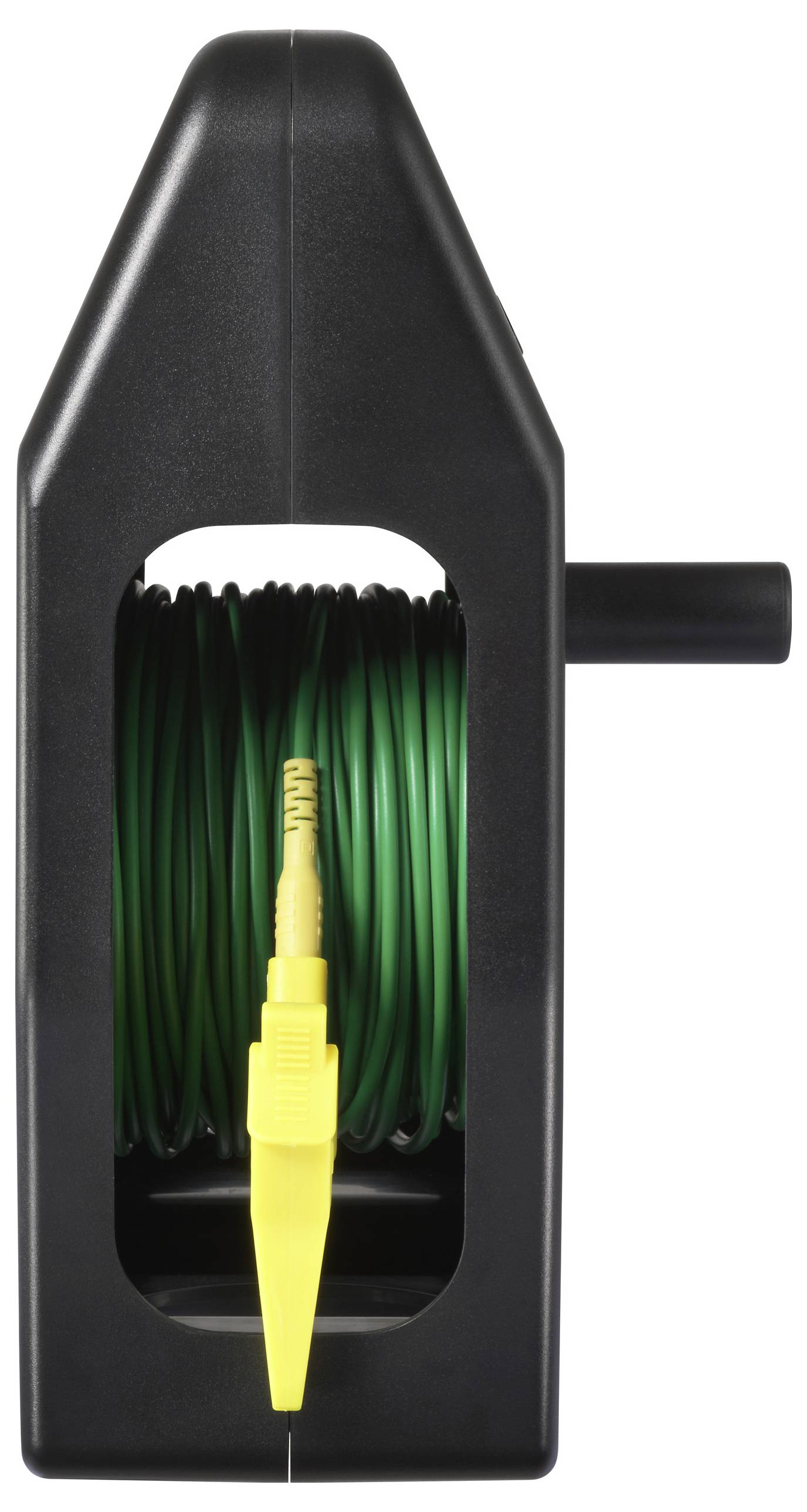 A black hose reel with a yellow nozzle and green hose coiled neatly, featuring a crank handle on the side for rewinding.