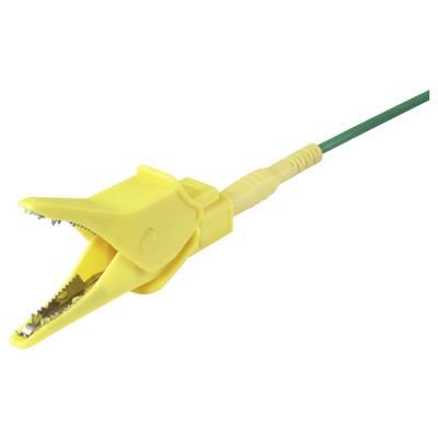 A yellow alligator clip attached to a green wire, with metal teeth visible.