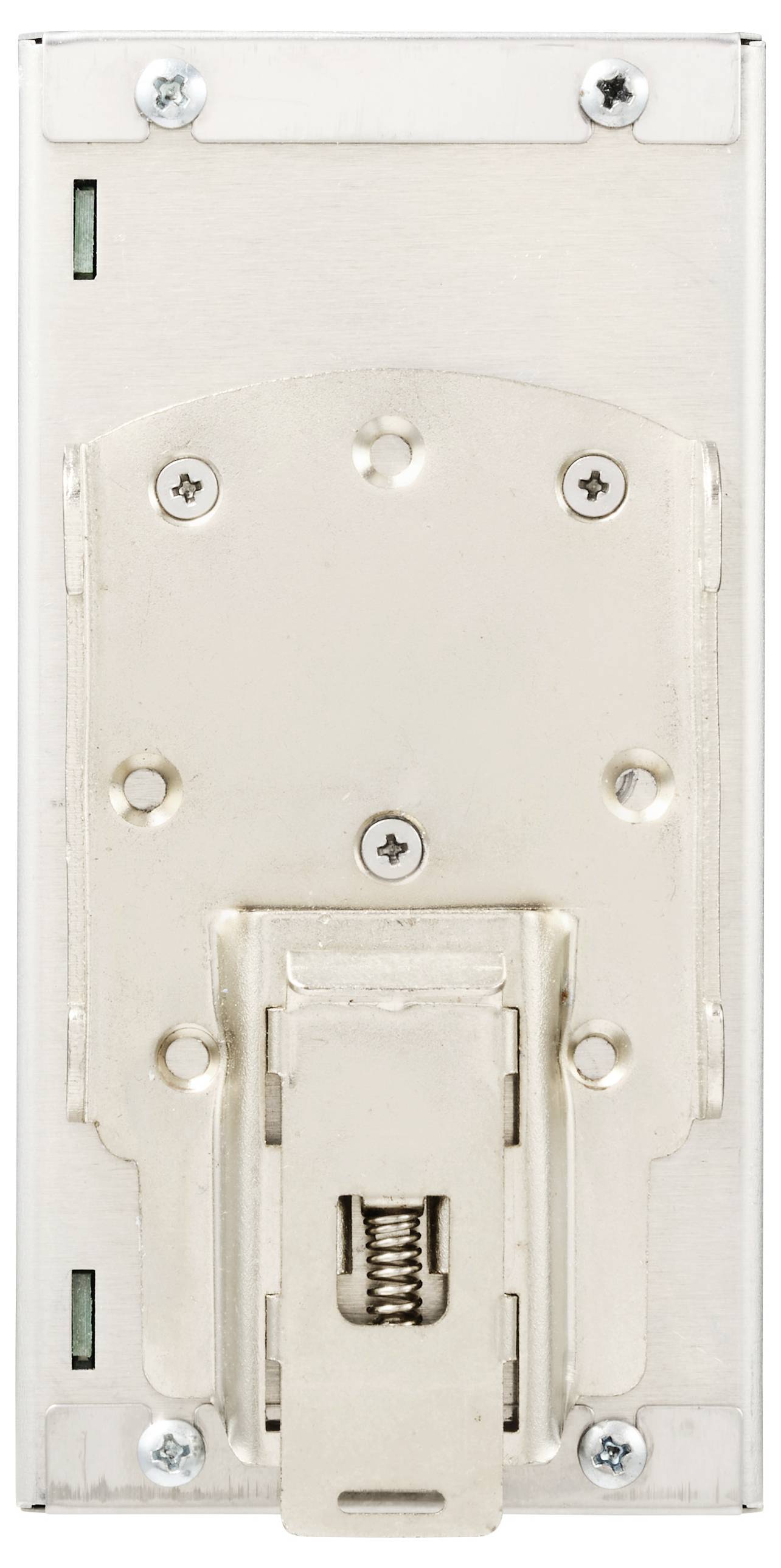A metal wall plate with a central rectangular switch cutout, secured with screws, viewed from the back side.
