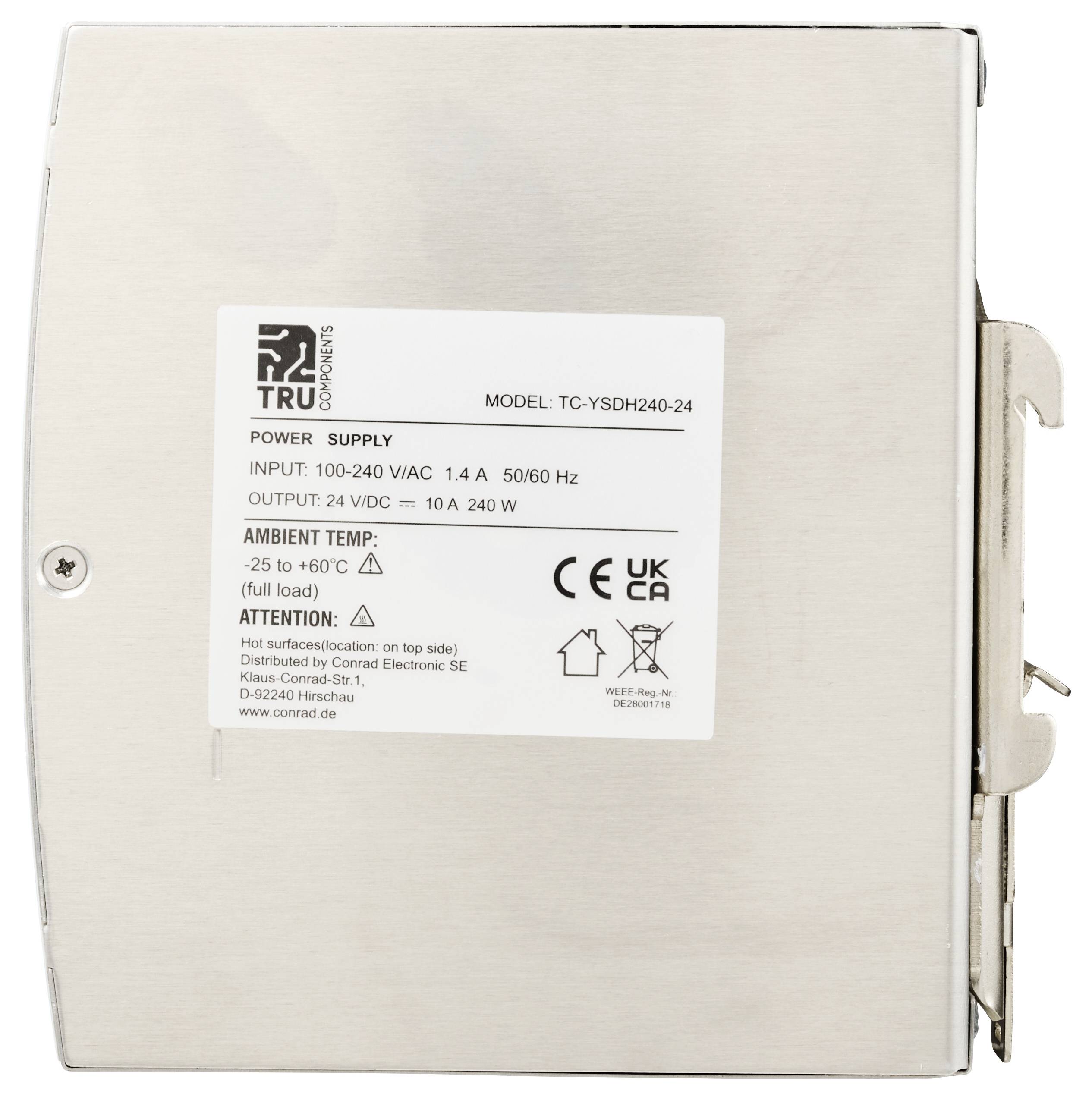 'TRU Components power supply, Model: TC-YSDH240-24, Input: 100-240 VAC, 1.4 A, Output: 24 VDC, 10 A, 240 W; temperature range: -25 to 60°C.'