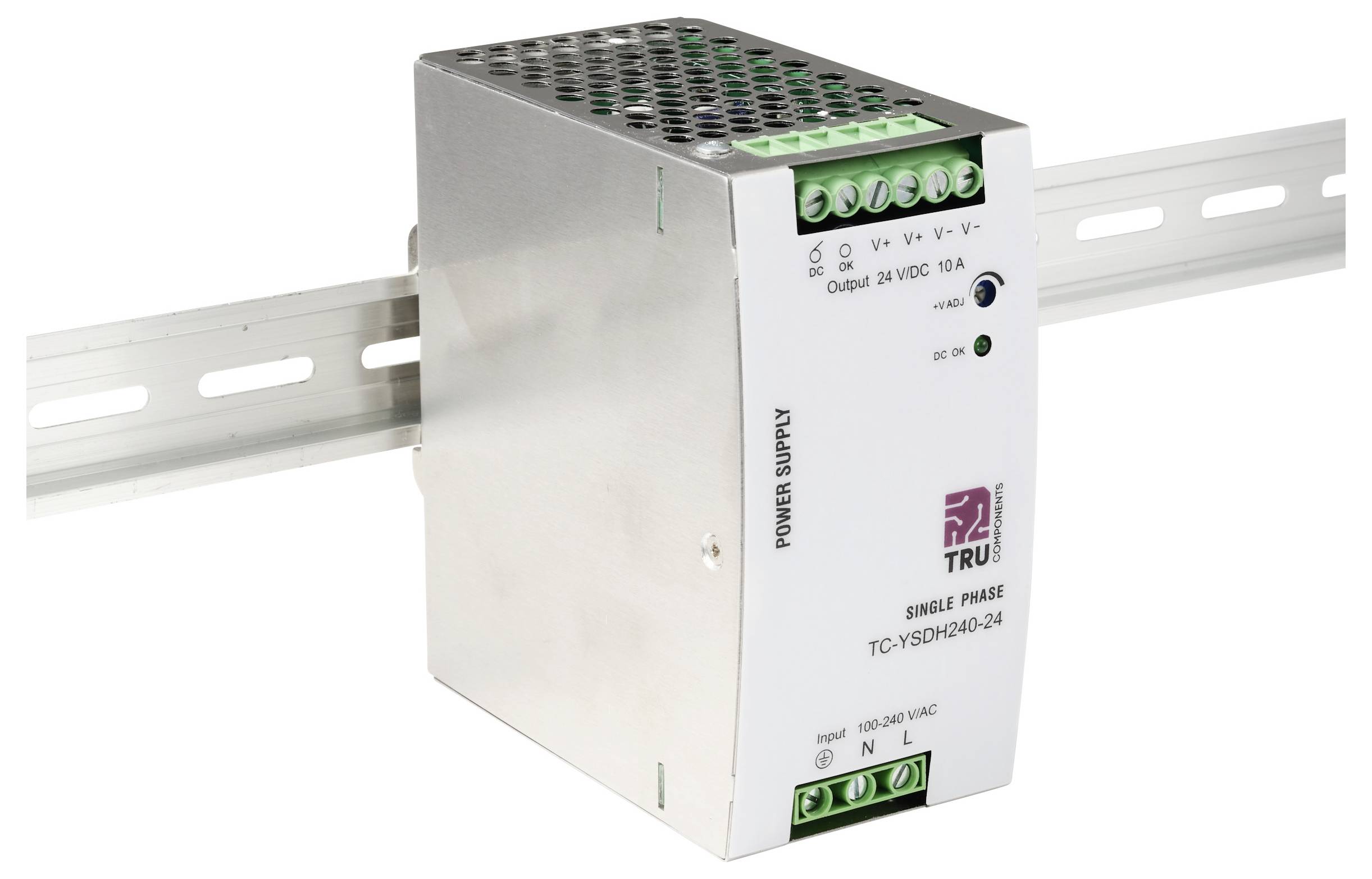 'Single Phase Power Supply TC-YSD2040-24' mounted on a DIN rail, designed for input 100-240VAC, output 24VDC 10A.
