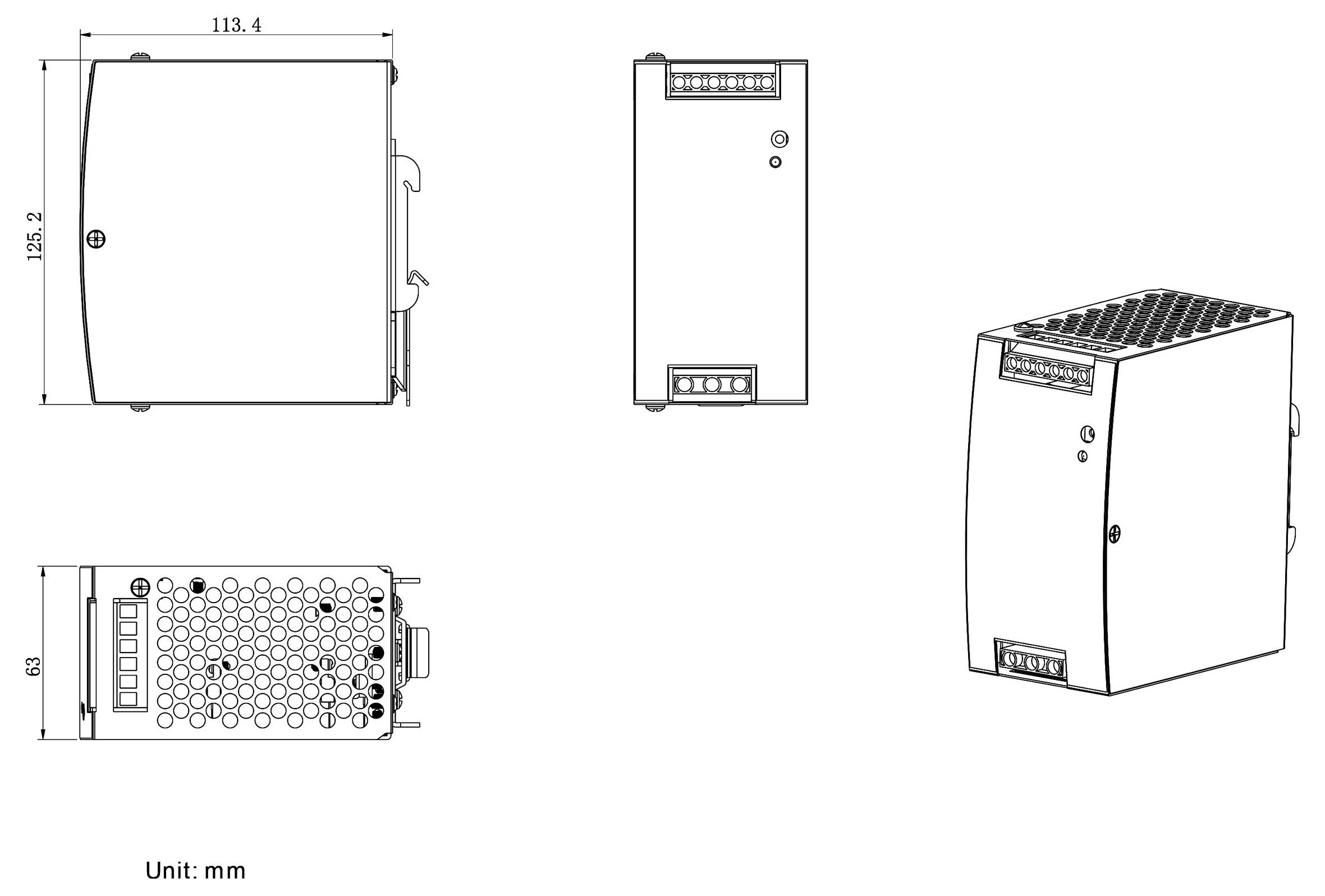 Technical drawing of a rectangular electronic device with front, side, bottom, and angled views. Dimensions are in millimeters.