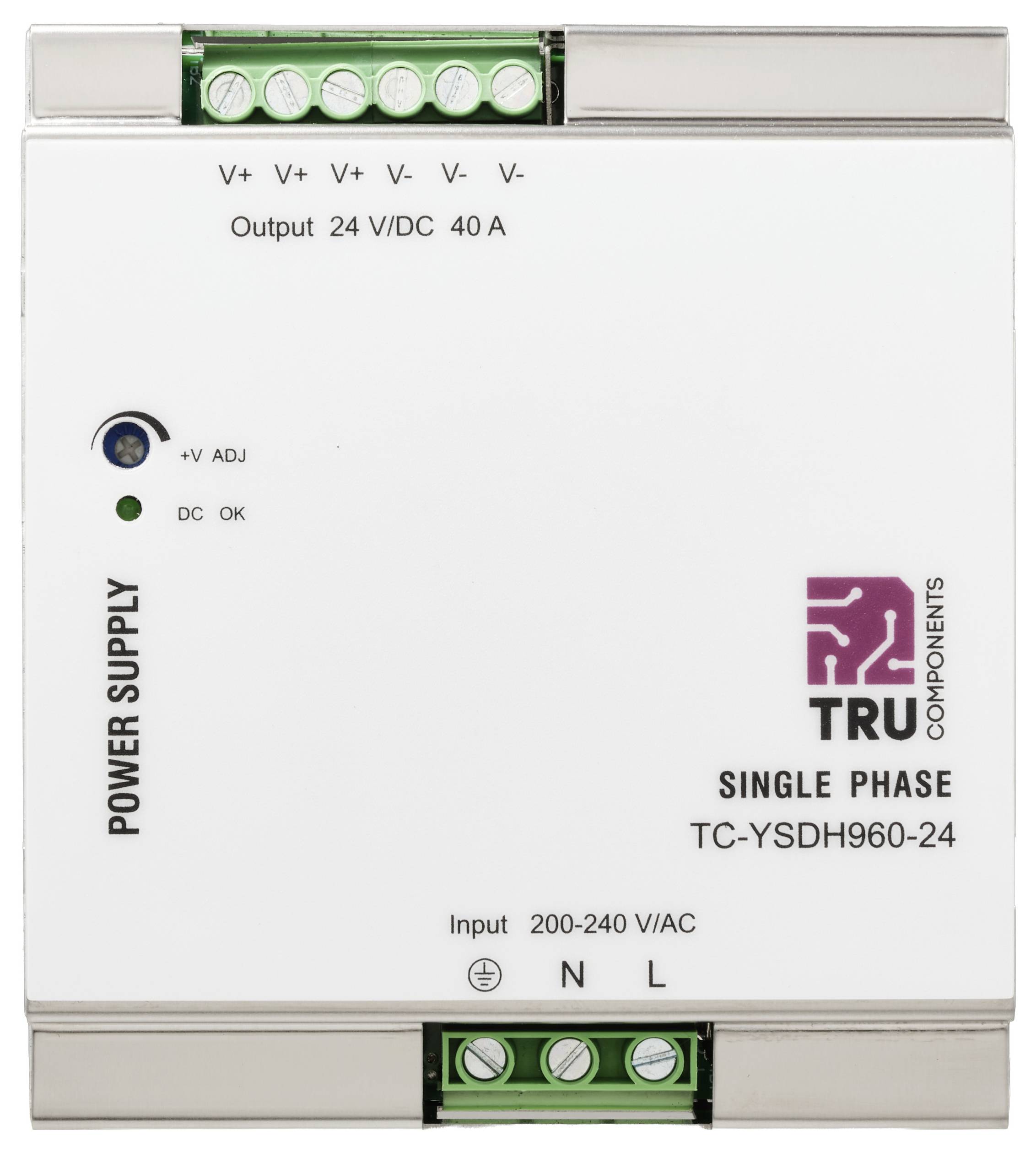 Single-phase power supply unit by TRU Components, model TC-YSDH960-24. Input: 200-240 V/AC, Output: 24 V/DC, 40 A.
