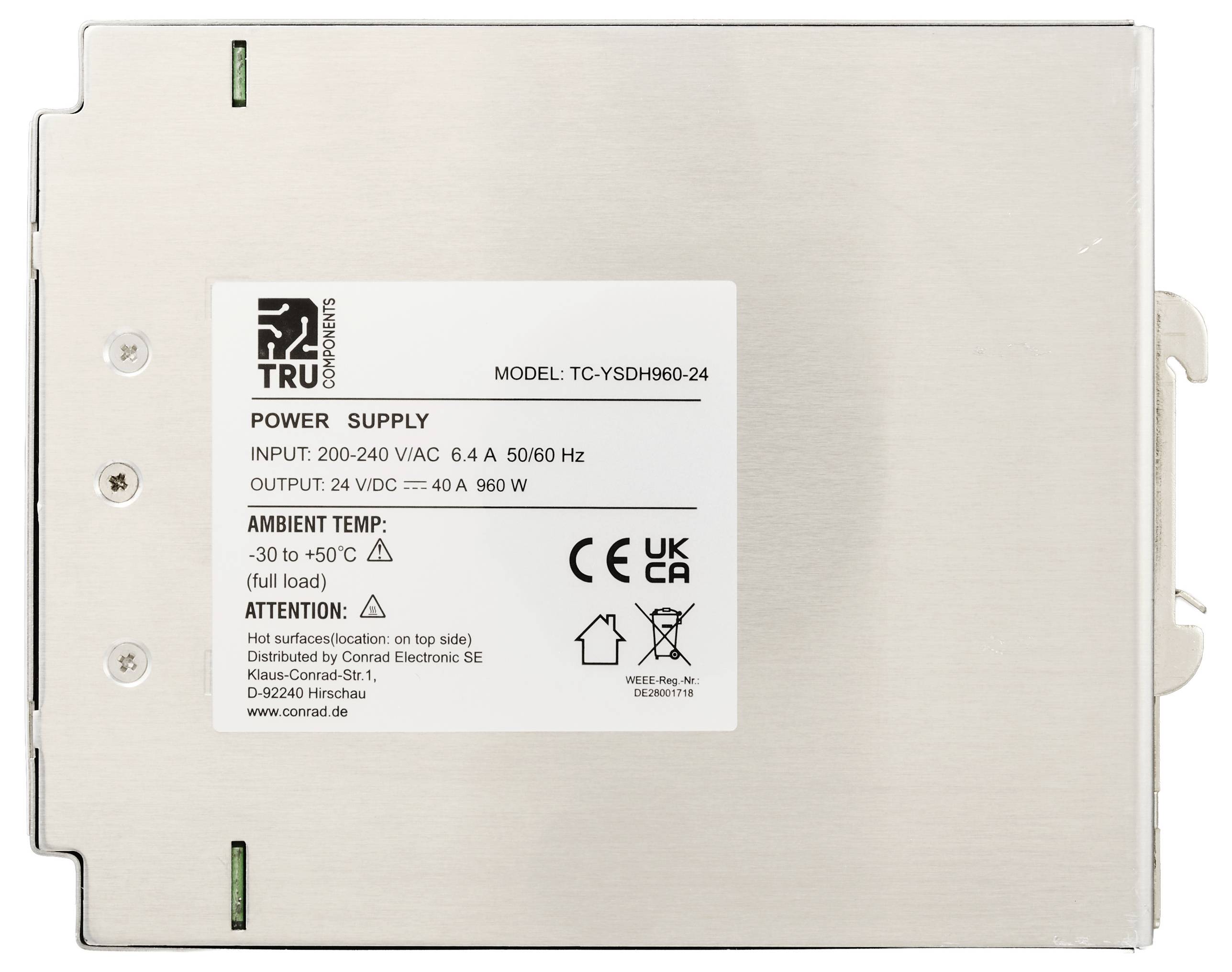 'Power supply model TC-YSDH960-24 input: 200-240VAC, 6.4A, 50/60Hz; output: 24VDC, 40A, 960W; ambient temp: 30-50°C. Conformity logos visible.'