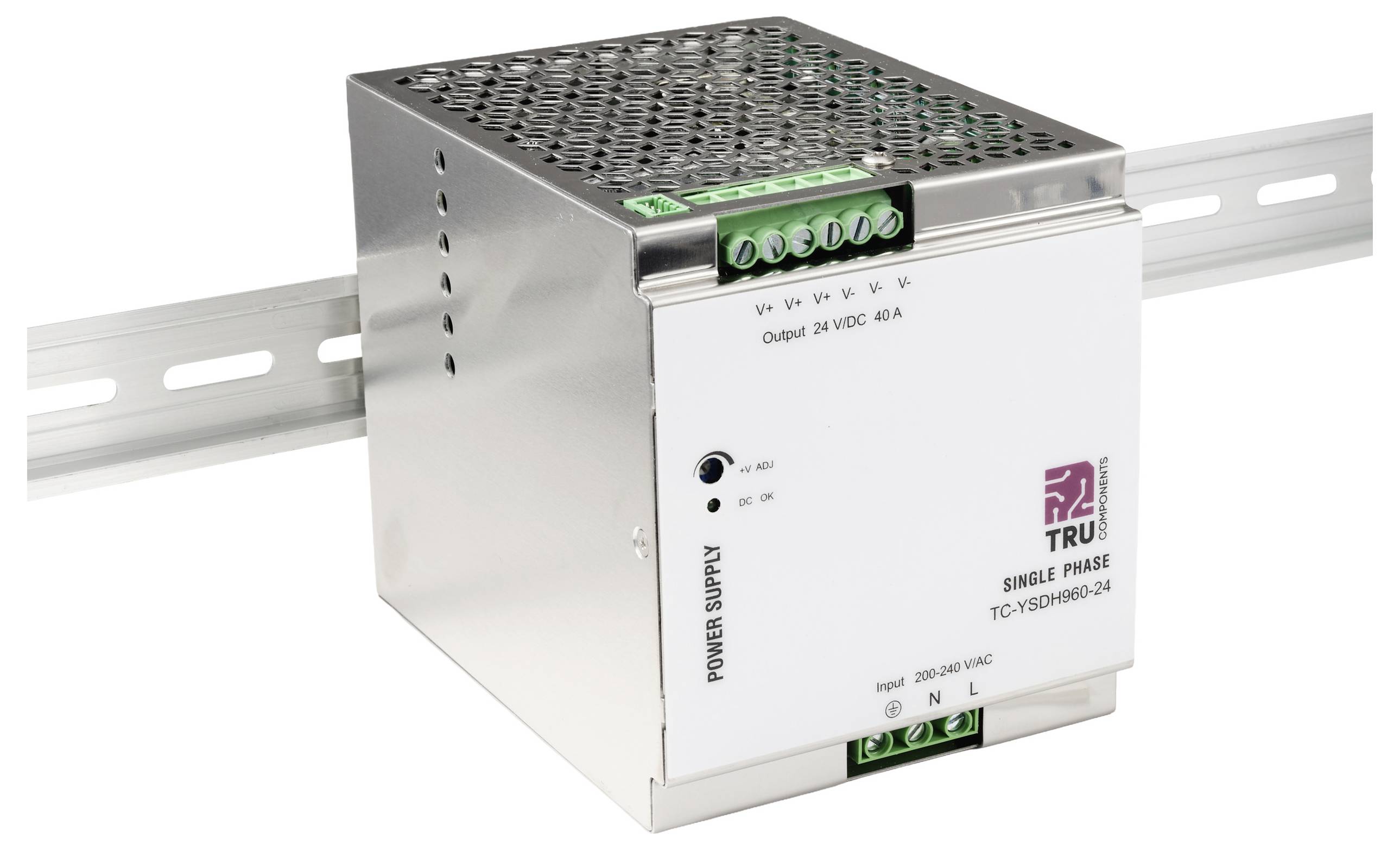 Din rail-mounted single-phase power supply with ventilation holes, labeled 'Output 24 VDC, 40 A'; metal casing with wiring terminals.