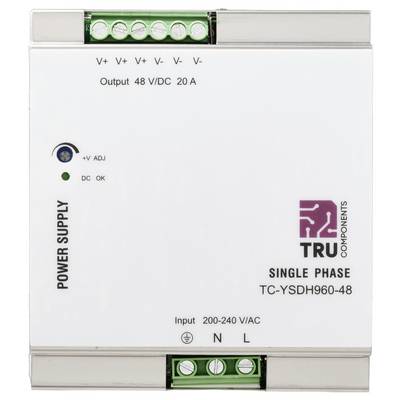 A single-phase power supply unit labeled 'TRU Components' with an output of 48 V/DC, 20 A, and input range of 200-240 V/AC.