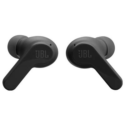 Two black JBL wireless earbuds with a sleek design, each featuring the JBL logo.
