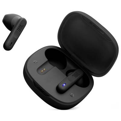 Black wireless earbuds in a charging case, one earbud is shown separately, highlighting the sleek design and 'JBL' branding.