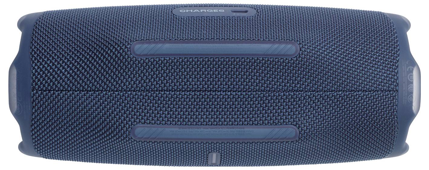 A blue portable Bluetooth speaker with textured surface, cylindrical shape, and control buttons on top, designed for wireless audio playback.