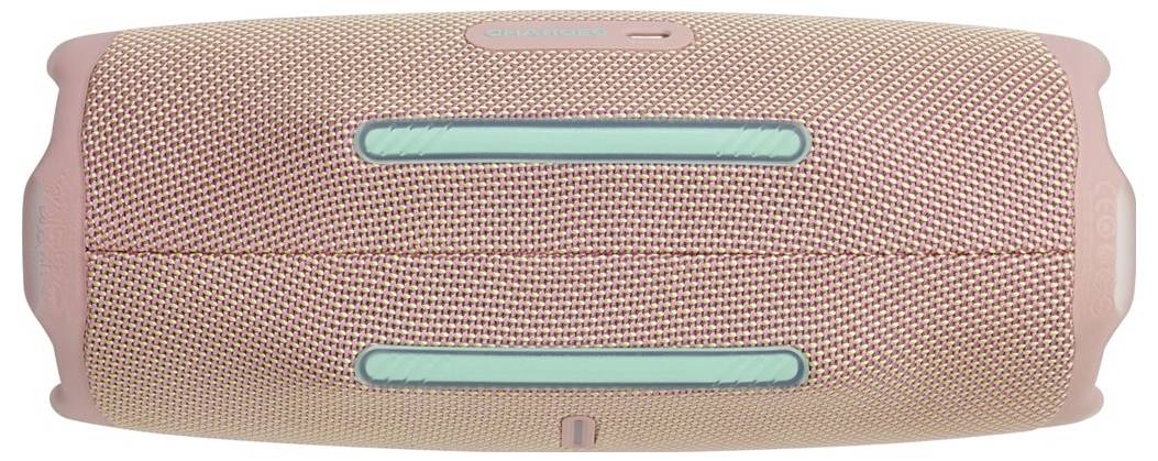 A pink portable Bluetooth speaker with a mesh surface and two teal rubber grips, designed for easy carrying and use.