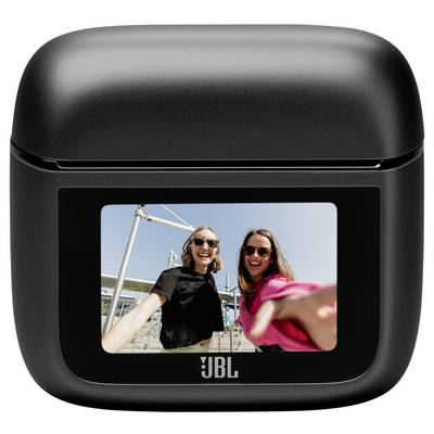 A black rectangular device with a screen on the front displaying a photo of two smiling individuals outdoors. They're taking a selfie.