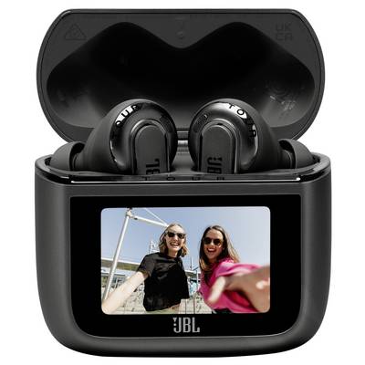 Wireless earbuds in a charging case with a screen displaying two people smiling and taking a selfie outdoors.