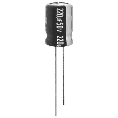 An electrolytic capacitor labeled '220µF 50V 220' with two leads extending downward, used in electronic circuits for storing charge.
