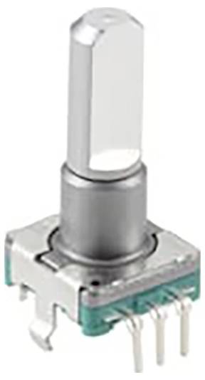 A knob-style rotary encoder with a metallic shaft, seated within a square housing. It has multiple electrical pins extending from the base.