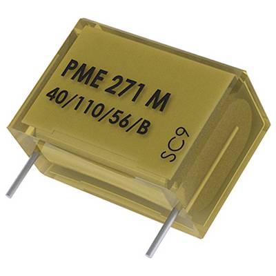 A yellow rectangular electronic component labeled 'PME 271 M 40/110/56/B' with two metal leads.
