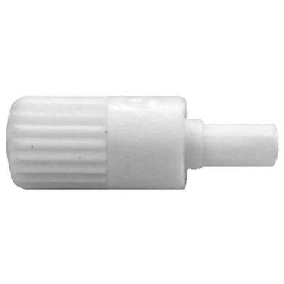 A white, ribbed, cylindrical plastic cap with a smaller protruding nozzle, likely used for dispensing liquids or creams from a container.